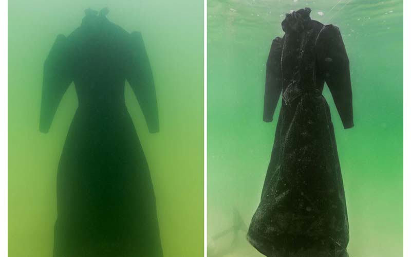 一群人將一件黑色長洋裝放入死海的深處，兩年後打撈上來，乾  我看了毛骨悚然